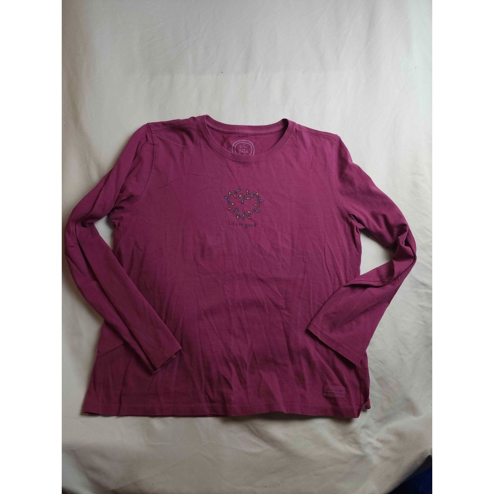 Life Is Good Shirt Womens Medium Purple Knit Relaxed Fit Heart Outdoor Crew Neck